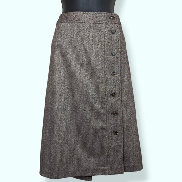 Talbots Brown Herringbone Side Button Skirt - Picture 1 of 11